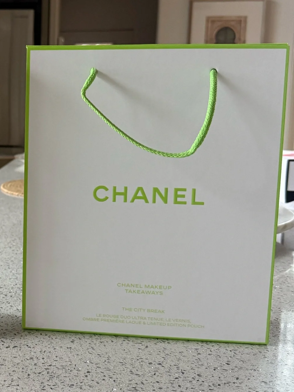 CHANEL White Lime Green Trim Mini Gift Bag